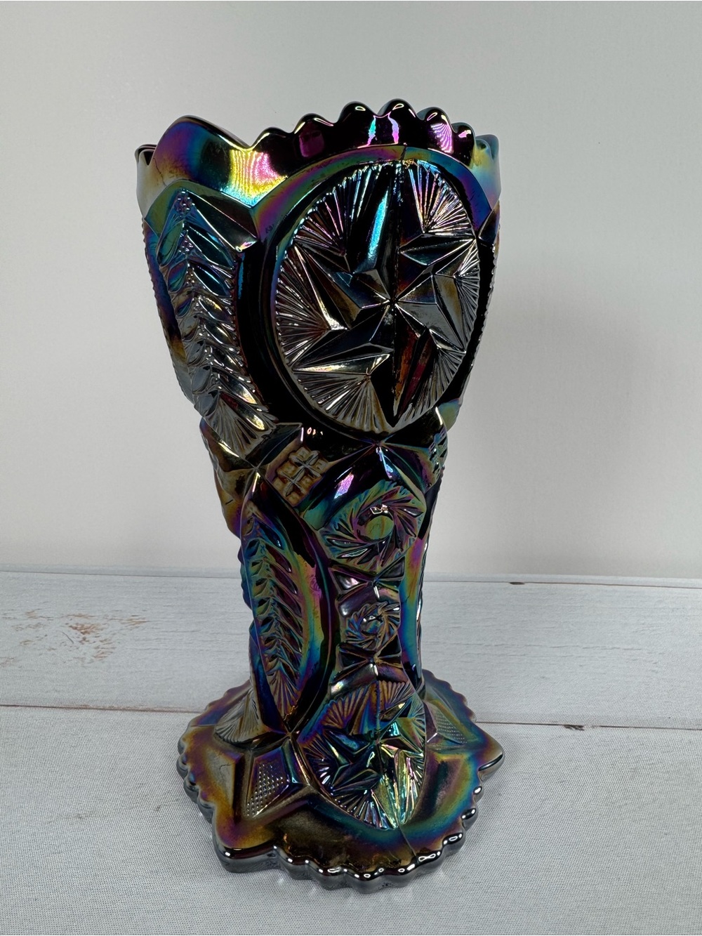 Vintage L.E. Smith Ohio Star Vase Black Amethyst Carnival Glass 9"